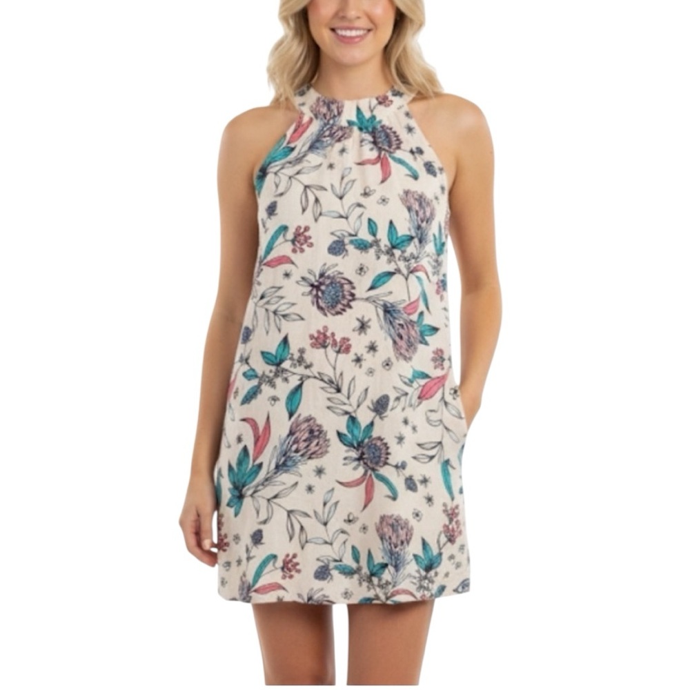 Rachel Ashwell Linen Floral Shift Dress Medium Summer Natural Fiber Breathable